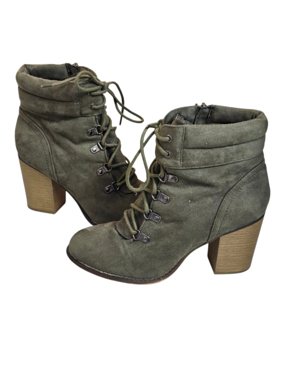 Candie's Cacha Olive Ankle Boots 9.5 Lace Up 3” Block Heel Y2K Style